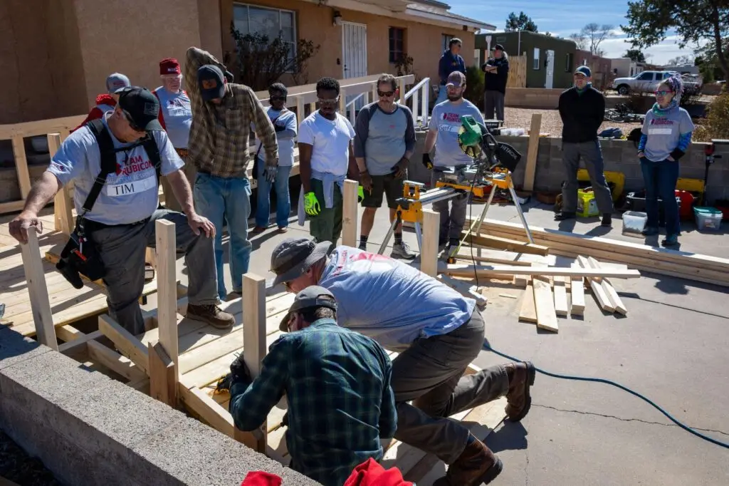 The ramp building team works on the ramp taking shape